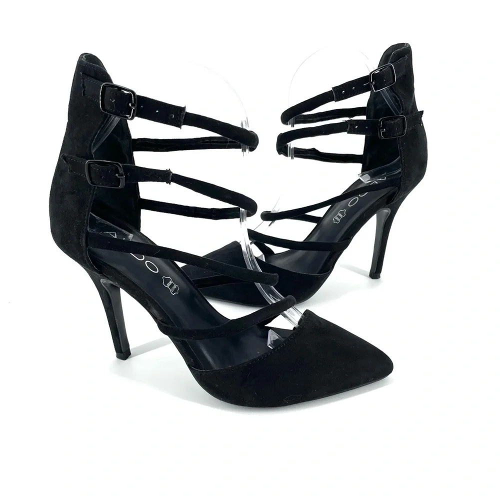 ALDO Black Suede Strappy Almond Toe Heel